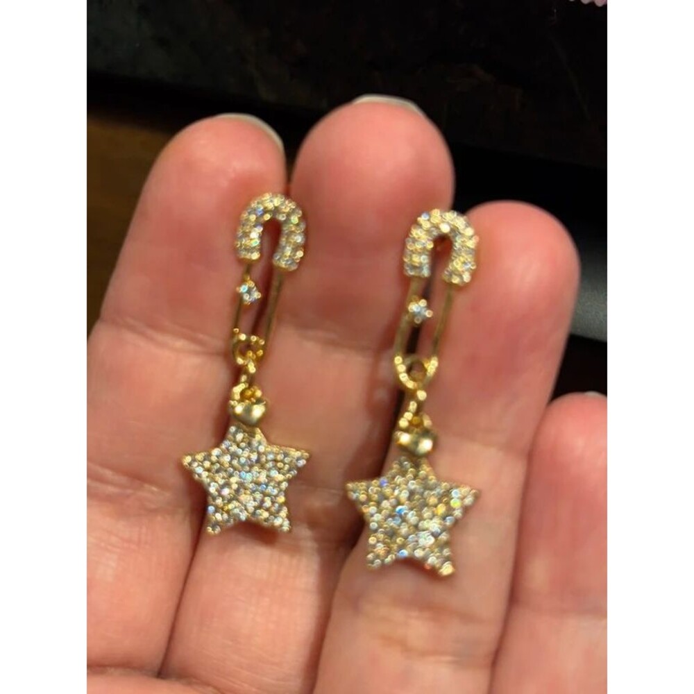 J2 Lucky Star Safety Pin Dangle Earrings, Gold Plated Cubic Zirconia Pave